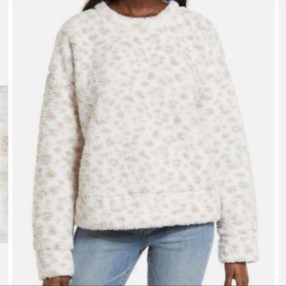 Thread & Supply White Leopard Sherpa Fleece Pullover Medium - Picture 1 of 8